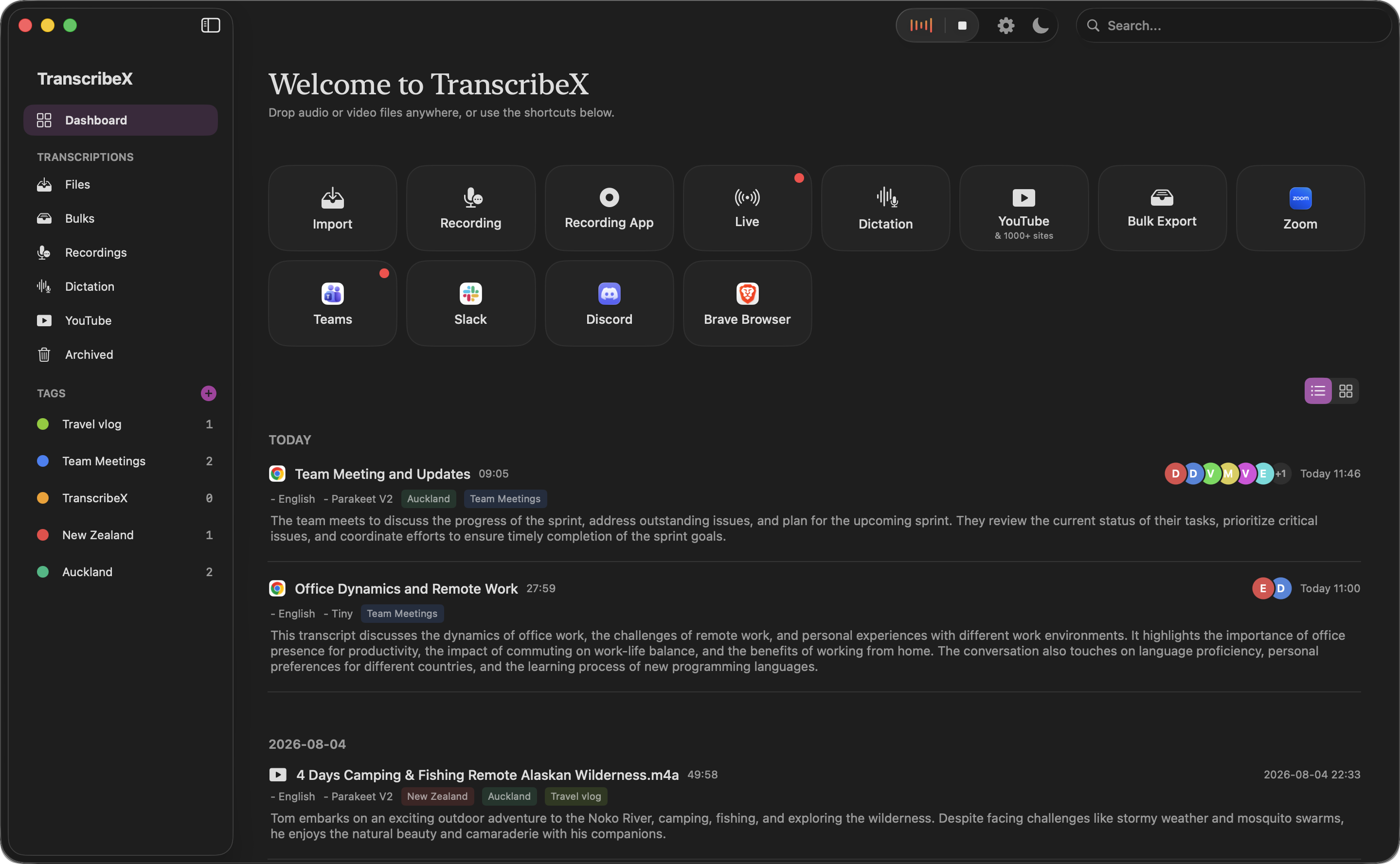 TranscribeX dashboard on macOS showing transcribed meetings, recordings, and YouTube imports with speaker labels